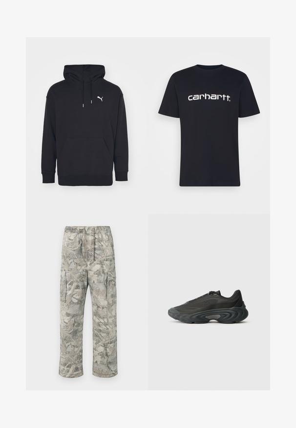 Sort hættetrøje med kangaroo-lomme, justerbare snore og et hvidt Puma-logo på brystet. Fremstillet af blødt fleece-materiale.; Sort bomulds T-shirt med korte ærmer og rund hals; har et hvidt "carhartt" logo trykt på brystet. Glat tekstur, enkelt design.; Camo cargo bukser i grå og beige nuancer, med elastisk vask og snøre, samt sidelommer. Fremstillet af letvægtsstof.; Sort sportssko med mesh- og syntetisk overdel, slankt design, tykk buet sål og teksturerede detaljer på siderne og tåen.