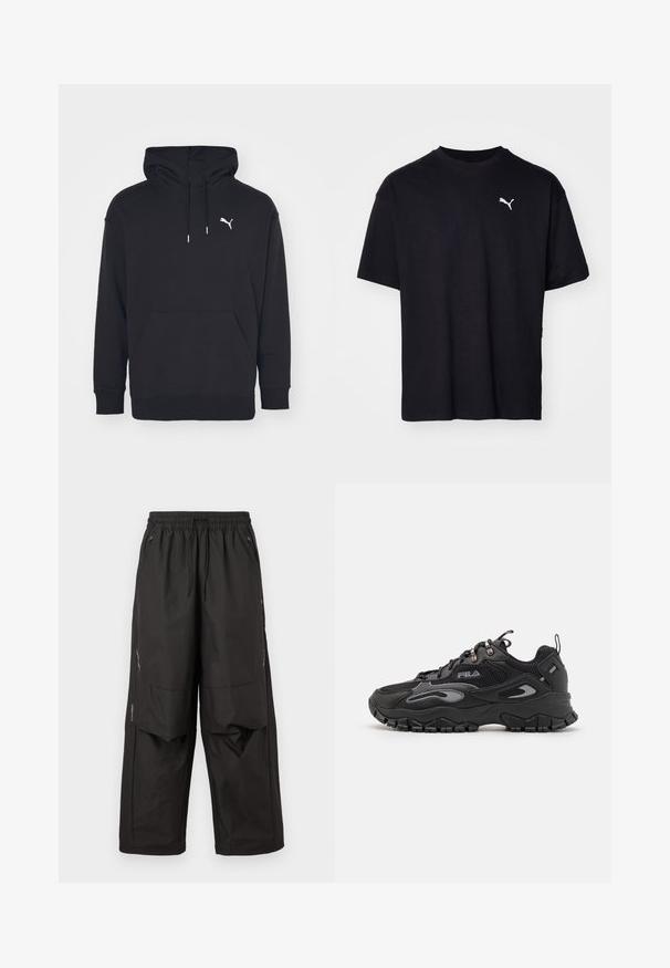 Sort hættetrøje med kangaroo-lomme, justerbare snore og et hvidt Puma-logo på brystet. Fremstillet af blødt fleece-materiale.; Sort bomulds T-shirt med korte ærmer, rund halsudskæring og et hvidt Puma-logo på den øverste venstre bryst. Klassisk pasform, glat tekstur.; Sorte løstsiddende bukser med elastisk taljebånd, frontlommer med lynlås, knæpaneler og subtile reflekterende detaljer på siderne.; Sort sneaker med en overdel i mesh og syntetisk materiale, gummisål, afrundet tå og refleksdetaljer på siderne og snørebåndene.