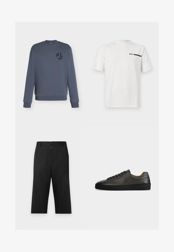Sweat-shirt gris foncé à manches longues avec col rond, poignets et ourlet côtelés, avec un petit logo géométrique noir sur la poitrine gauche.; T-shirt blanc à manches courtes avec un logo "ea7" noir et une bande horizontale sur la partie supérieure gauche de la poitrine, doté de panneaux en mesh sur les manches.; Pantalon noir court en tissu lisse, avec fermeture éclair et bouton à l'avant, passants pour ceinture et poches latérales.; Basket basse en cuir gris foncé avec lacets et semelle noirs, design minimaliste, profil latéral sur un fond clair uni.