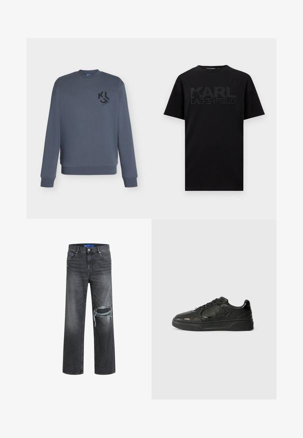 Sweat-shirt gris foncé à manches longues avec col rond, poignets et ourlet côtelés, avec un petit logo géométrique noir sur la poitrine gauche.; T-shirt noir à manches courtes avec col rond, orné d'un logo "KARL LAGERFELD" en relief sur la poitrine.; Jean en denim noir avec une coupe décontractée, présentant des détails usés et une jambe large. La texture est lisse avec un léger dégradé.; Baskets basses noires avec des panneaux texturés, lacets à l'avant, semelle en caoutchouc et logo "KARL" sur le côté et l'onglet du talon.