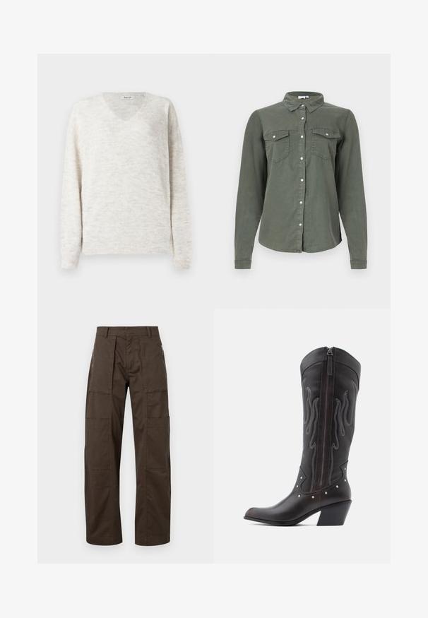 Suéter de punto con cuello en V en beige claro con un acabado suave y texturizado. Cuenta con mangas largas y puños y dobladillo acanalados para un ajuste ceñido.; Camisa de botón de color verde oscuro con mangas largas, dos bolsillos en el pecho, tejido suave y un diseño de cuello clásico. Presenta acentos de botones blancos.; Pantalones cargo marrones hechos de una tela resistente, con múltiples bolsillos, un corte relajado y detalles de costura prominentes para mayor durabilidad.; Botas de cowboy de cuero marrón con costuras en forma de llama, cremallera lateral, tachuelas plateadas, punta puntiaguda y tacón apilado.