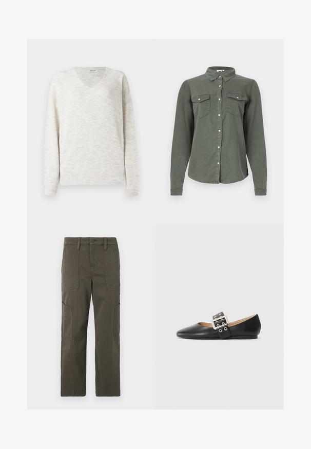 Suéter de punto con cuello en V en beige claro con un acabado suave y texturizado. Cuenta con mangas largas y puños y dobladillo acanalados para un ajuste ceñido.; Camisa de botón de color verde oscuro con mangas largas, dos bolsillos en el pecho, tejido suave y un diseño de cuello clásico. Presenta acentos de botones blancos.; Good American CROPPED PANTS - Pantalones cargo - fatigue; Zapato plano de cuero negro con punta puntiaguda y una tira decorativa con hebilla, con herrajes plateados y pequeños recortes.