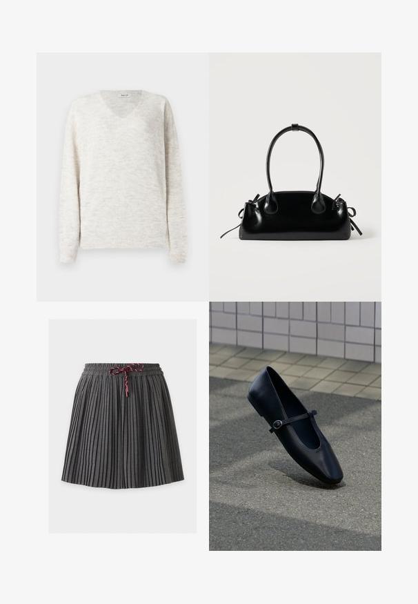 Suéter de punto con cuello en V en beige claro con un acabado suave y texturizado. Cuenta con mangas largas y puños y dobladillo acanalados para un ajuste ceñido.; Falda plisada gris oscuro con cintura elástica y cordón granate atado en el centro delantero.; Zapato plano Mary Jane de cuero negro con una pequeña correa con hebilla, colocado sobre una superficie de asfalto gris cerca de una pared alicatada.; Pequeño bolso negro brillante con dos asas largas y detalles de cordón lateral sobre un fondo claro liso.