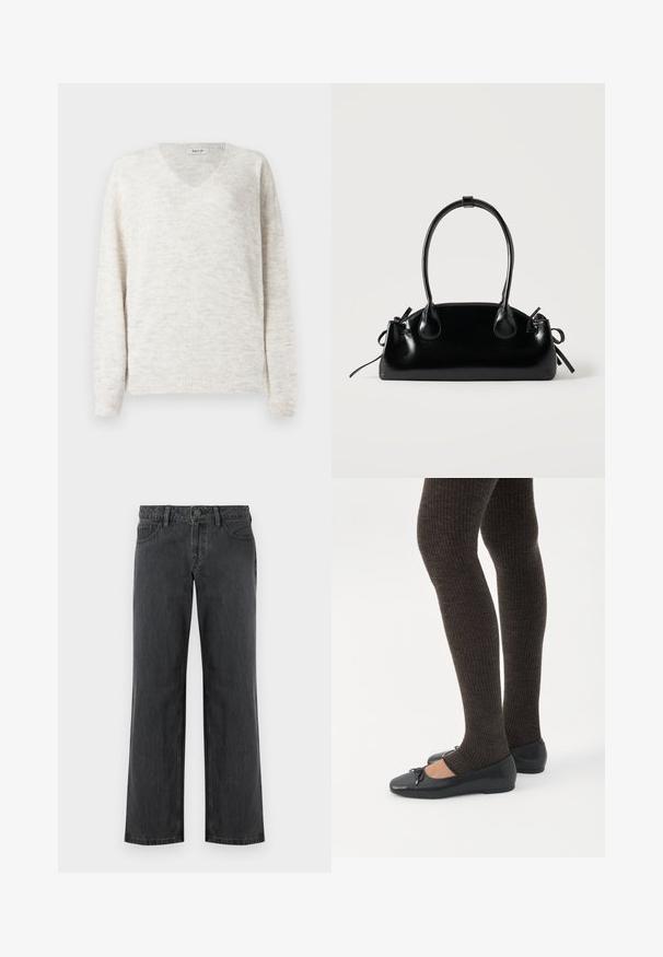 Suéter de punto con cuello en V en beige claro con un acabado suave y texturizado. Cuenta con mangas largas y puños y dobladillo acanalados para un ajuste ceñido.; Jeans de pierna ancha de color gris oscuro hechos de mezclilla, con una cinturilla estándar, cinco bolsillos y cierre de botón. Textura lisa y costuras uniformes.; Piernas con leggings oscuros acanalados combinados con bailarinas negras que presentan pequeños detalles de lazo sobre un fondo blanco.; Pequeño bolso negro brillante con dos asas largas y detalles de cordón lateral sobre un fondo claro liso.