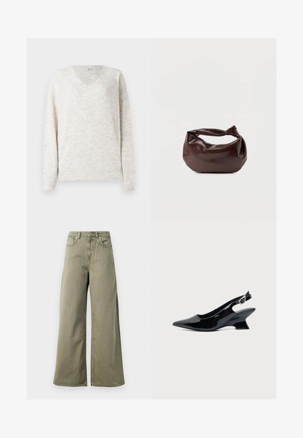 Pull en maille à col en V de couleur beige clair avec une finition douce et texturée. Il est doté de manches longues ainsi que de poignets et d'un ourlet côtelés pour une coupe ajustée.; Jeans taille haute, vert olive, à jambes larges avec bouton avant, fermeture éclair et design à cinq poches sur fond blanc.; Chaussure slingback en cuir verni noir avec bout pointu et petit talon bloc incliné sur fond clair uni.; Sac bandoulière en cuir marron foncé avec une forme souple et décontractée et une anse nouée torsadée sur un fond blanc uni.