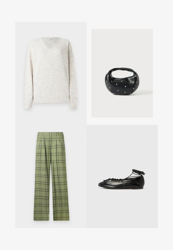 Suéter de punto con cuello en V en beige claro con un acabado suave y texturizado. Cuenta con mangas largas y puños y dobladillo acanalados para un ajuste ceñido.; Pantalones de pierna ancha en verde con un patrón de cuadros en negro, cintura alta, pliegues frontales y bolsillos laterales.; Zapatos planos tipo ballet de charol negro con punta redondeada, diseño con cordones y suela plana. Textura lisa con detalles mínimos.; Bolso de mano de cuero negro con forma redondeada, decorado con detalles de tachuelas plateadas y un asa corta. Textura lisa y cierre con cremallera.