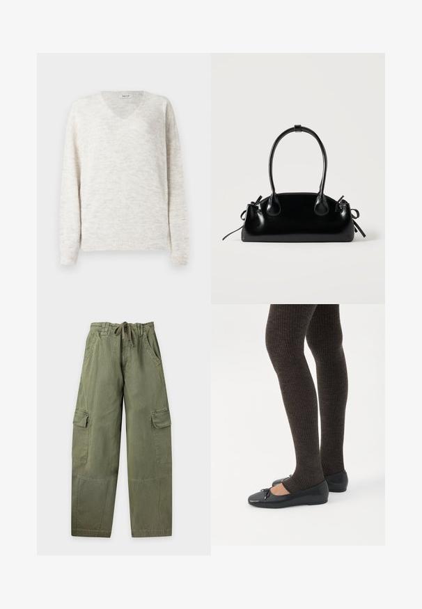 Suéter de punto con cuello en V en beige claro con un acabado suave y texturizado. Cuenta con mangas largas y puños y dobladillo acanalados para un ajuste ceñido.; Pantalones cargo de color verde oliva con cintura ajustable con cordón, bolsillos laterales, bolsillos con solapa en los muslos y piernas rectas y anchas.; Piernas con leggings oscuros acanalados combinados con bailarinas negras que presentan pequeños detalles de lazo sobre un fondo blanco.; Pequeño bolso negro brillante con dos asas largas y detalles de cordón lateral sobre un fondo claro liso.