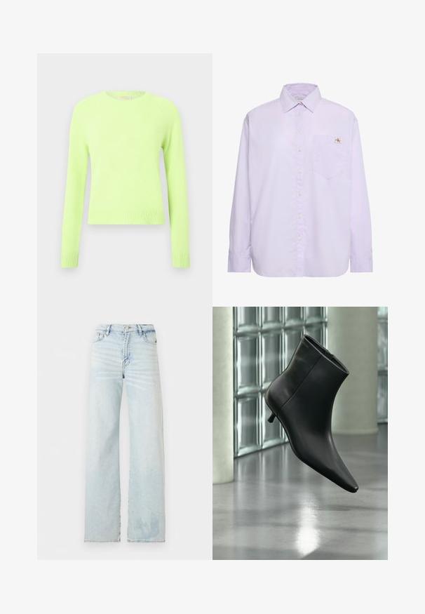 Pull en tricot vert clair avec de longues manches raglan et des bords côtelés, arborant une texture douce et un design décontracté.; Chemise à manches longues mauve clair avec boutons, poche poitrine gauche et petite étiquette logo Calvin Klein au-dessus de la poche.; Jean en denim délavé clair à taille haute avec jambes droites, poches avant, fermeture par bouton et détails discrets d'estompage.; Bottine en cuir noir à bout pointu et petit talon kitten, présentée en angle devant un sol poli et un mur en blocs de verre.