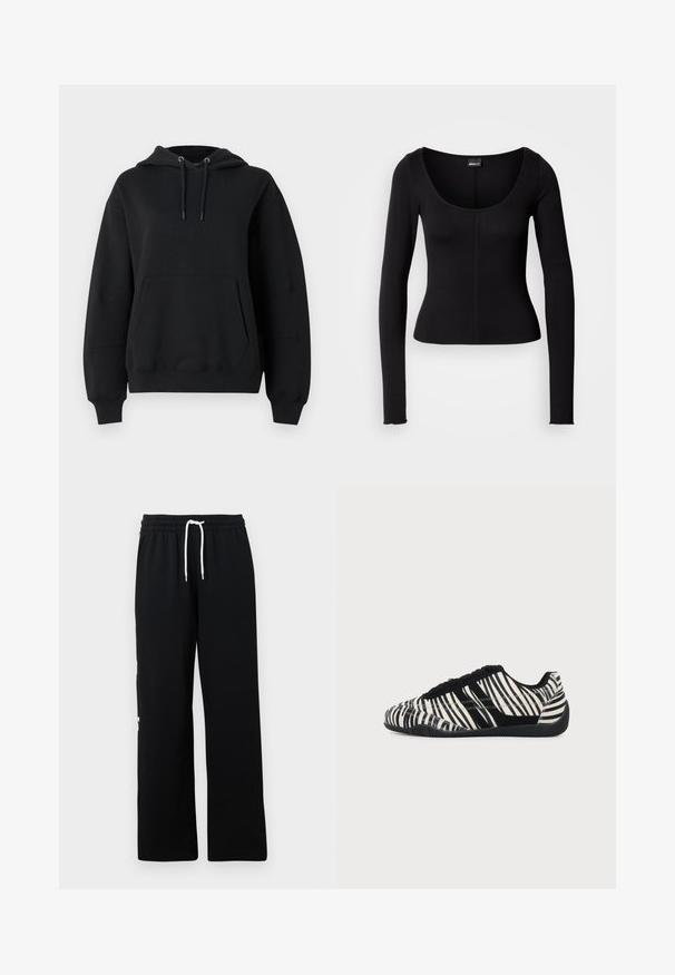 Sweat à capuche noir oversize avec cordons, poignets côtelés, poche kangourou à l'avant, et coupe décontractée sur fond blanc.; Haut noir à manches longues avec un col rond, une coupe ajustée et un détail de couture verticale au centre. Confectionné dans un tissu lisse.; Pantalon de survêtement noir en coton doux, doté d'une ceinture élastique avec un cordon blanc et une coupe ample. Aucun motif ou accent notable.; Baskets à lacets noires et blanches avec motif rayures zèbre et semelle noire texturée sur un fond clair uni.