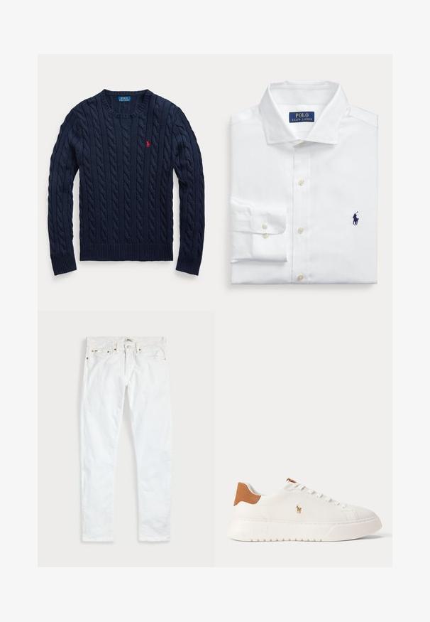 Marineblå kabelstrikket rundhalset sweater med lange ærmer og lille rød broderet Polo Ralph Lauren logo på venstre bryst.; Hvid skjorte med lange ærmer, foldet med knappede manchetter, en klassisk krave og Polo Ralph Lauren-logo broderet i blåt på brystet.; Hvide slim fit jeans med fem lommer, knaplukning og bæltestropper, fladt lagt på en ensfarvet lys baggrund.; Hvid lavtop sneaker med tan hælfane, hvide snørebånd og lille broderet polo-spiller logo på siden over en tyk sål.