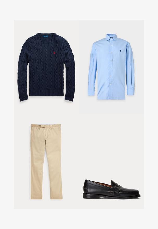 Marineblå kabelstrikket rundhalset sweater med lange ærmer og lille rød broderet Polo Ralph Lauren logo på venstre bryst.; Lyseblå langærmet skjorte med knapper, krave og en lille mørkeblå broderet logo på venstre bryst.; Beige bukser med lige ben, bæltestropper og frontlynlås, lagt fladt mod en hvid baggrund.; Sort læderloafer med lav hæl og pennyremdetalje, vist fra siden på en lysegrå baggrund.