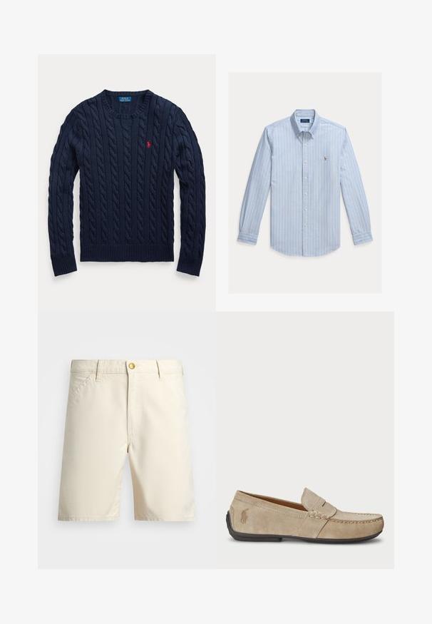 Marineblauwe kabelgebreide trui met ronde hals, lange mouwen en een klein rood geborduurd Polo Ralph Lauren-logo op de linkerborst.; Lichtblauw overhemd met lange mouwen, witte verticale strepen en een klein geborduurd Polo Ralph Lauren-logo op de borst.; Beige shorts van lichtgewicht stof, met een knoopsluiting, lussen voor een riem en zijzakken. Eenvoudig ontwerp met strakke lijnen.; Beige suède instappers met een gestikt detail, platte rubberen zool en een klein logo aan de zijkant. Klassiek instapontwerp, zachte textuur.