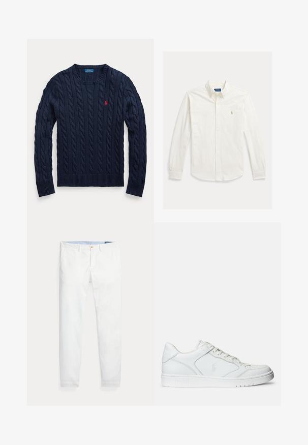 Marineblauer Pullover mit Zopfmuster, Rundhalsausschnitt, langen Ärmeln und kleinem roten Polo Ralph Lauren Logo auf der linken Brust.; Weißes langärmeliges Hemd mit Knopfleiste und Kragen, mit Polo Ralph Lauren-Logo auf der linken Brustseite bestickt.; Weiße Baumwoll-Chinos mit schmaler Passform, ausgestattet mit einem einzigen goldfarbenen Knopfverschluss und einem hellblauen inneren Bund. Glatte Textur ohne Muster.; Weißer Ledersneaker mit glatter Textur, ausgestattet mit einer perforierten Zehenpartie, Schnürverschluss und gesticktem Logo an der Seite. Weiße Gummisohle.