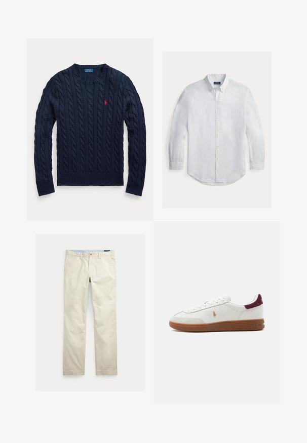 Marineblauwe kabelgebreide trui met ronde hals, lange mouwen en een klein rood geborduurd Polo Ralph Lauren-logo op de linkerborst.; Overhemd met lange mouwen in lichtblauw en wit gestreepte stof. Voorzien van een klassieke kraag en een klein geborduurd logo op de borst.; Beige katoenen broek met rechte pijpen, riemlussen, voorste knoop, ritssluiting en zijzakken.; Witte lage sneaker met bruine rubberen zool, gouden polo speler logo aan de zijkant, witte veters en bordeaux suède hieltab, merk Ralph Lauren.