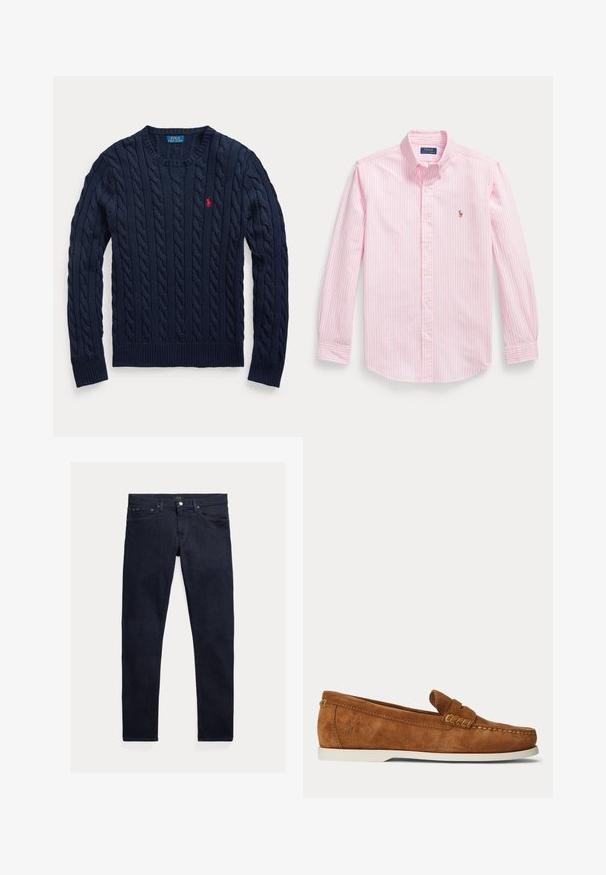 Marineblauer Pullover mit Zopfmuster, Rundhalsausschnitt, langen Ärmeln und kleinem roten Polo Ralph Lauren Logo auf der linken Brust.; Hellrosa langärmliges Hemd mit Knopfleiste, weißen vertikalen Streifen und kleinem gesticktem Logo auf der linken Brust.; Dunkelblaue Denim-Jeans mit schmaler Passform. Mit fünf Taschen, einem Reißverschluss und einem metallischen Knopfverschluss. Glatte Oberfläche mit minimalem Ausbleichen.; Brauner Wildleder-Loafer mit weißer Sohle, Mokassin-ähnlicher Naht und kleinem eingeprägtem Logo in Fersen-Nähe auf hellem, einfarbigem Hintergrund.