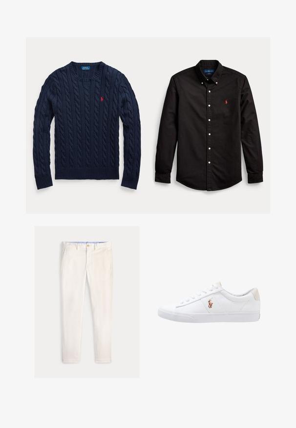 Tumesinine paelavootega soonikkoes ümara kaelusega kampsun, pikkade varrukatega ja vasakul rinnal väike punane Polo Ralph Laureni tikitud logo.; Must musta praktilise kraega pikkade varrukatega särk, valgete nööpide ja punase tikitud logoga vasakul rinnal.; Meeste õhukesed valkjaskollased püksid esikotste, vööaasade ja nööpkinnitusega ühevärvilisel taustal.; Valge kanvasest tennis, madala lõikega disain, millel on beež kontsapink ja väike tikitud logo küljel. Kummi välissole.