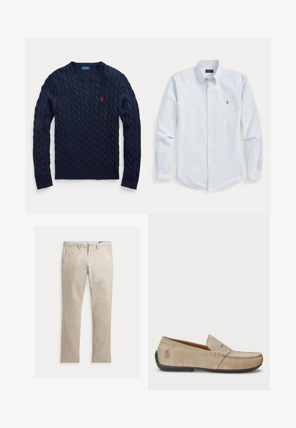 Marineblauwe kabelgebreide trui met ronde hals, lange mouwen en een klein rood geborduurd Polo Ralph Lauren-logo op de linkerborst.; Overhemd met lange mouwen en knopen, lichtblauwe en witte strepen, een met knopen sluitende kraag en een klein geborduurd logo op de borst.; Beige katoenen broek met rechte pijpen, voorzakken, riemlussen, knoopsluiting en ritssluiting, plat liggend op een witte achtergrond.; Beige suède instappers met een gestikt detail, platte rubberen zool en een klein logo aan de zijkant. Klassiek instapontwerp, zachte textuur.