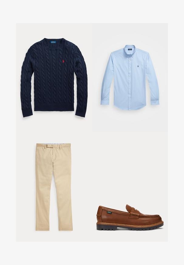 Marineblauwe kabelgebreide trui met ronde hals, lange mouwen en een klein rood geborduurd Polo Ralph Lauren-logo op de linkerborst.; Lichtblauw overhemd met lange mouwen, gemaakt van katoen, met een puntige kraag en een geborduurd logo op de linkerborst. Vlakke voorkant ontwerp.; Beige broek met rechte pijpen, ceintuurlussen en een voorrits, plat gelegd tegen een witte achtergrond.; Bruine leren loafer met gestikte details, robuuste zwarte zool en klein "Polo"-label aan de zijkant.