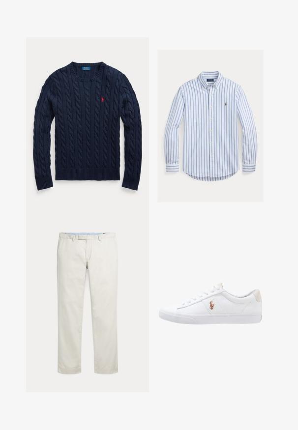 Marineblauer Pullover mit Zopfmuster, Rundhalsausschnitt, langen Ärmeln und kleinem roten Polo Ralph Lauren Logo auf der linken Brust.; Langärmliges Hemd zum Knöpfen mit blauen und weißen vertikalen Streifen und kleinem gesticktem Logo auf der linken Brust.; Cremefarbene gerade geschnittene Hosen mit Gürtelschlaufen und verdecktem vorne liegenden Verschluss auf einfarbigem Hintergrund.; Weiße Leinensneaker im Low-Top-Design mit einem beigen Ferseneinsatz und einem kleinen gestickten Logo an der Seite. Gummisohle.