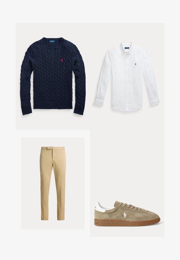 Námornícka modrá sveter s vrkočovým vzorom, okrúhly výstrih, dlhé rukávy a malé červené vyšívané logo Polo Ralph Lauren na ľavej strane hrudníka.; Biela ľanová košeľa s dlhým rukávom, zapínaním na gombíky a špicatým golierom, s vyšitým modrým logom na ľavej hrudi. Má gombíkové manžety.; Béžové nohavice slim fit s predným záhybom, pútkami na opasok a skrytým predným zapínaním na jednofarebnom svetlom pozadí.; Nízkoprofilová béžová semišová teniska s hnedou podrážkou, bielym detailom na päte, šnúrkami a bielym vyšívaným logom hráča póla na boku.