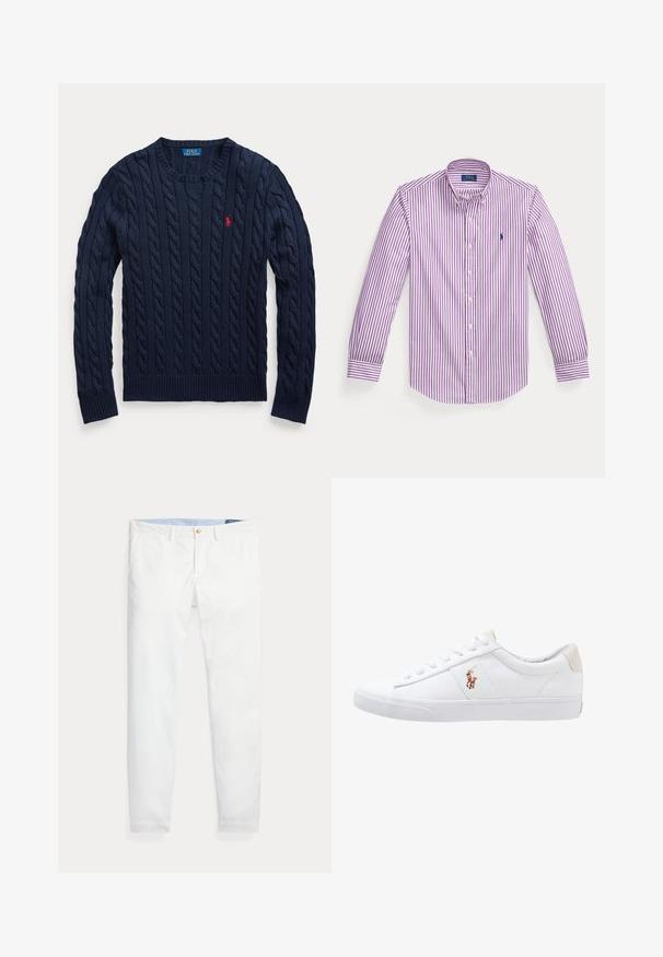 Marineblå kabelstrikket rundhalset sweater med lange ærmer og lille rød broderet Polo Ralph Lauren logo på venstre bryst.; Langærmet skjorte med knapper, med lilla og hvide lodrette striber og et lille broderet logo på brystet.; Hvide bomuldschinos med slank pasform, med en enkelt guldknaplukning og lyseblåt inderliv. Glat tekstur uden mønstre.; Hvide kanvas sneakers med lågtop design, prydet med en beige hælkappe og et lille broderet logo på siden. Gummisål.