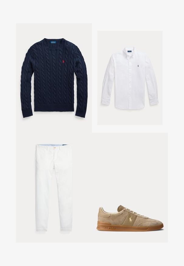Marineblå kabelstrikket rundhalset sweater med lange ærmer og lille rød broderet Polo Ralph Lauren logo på venstre bryst.; Hvid, langærmet skjorte med knapper og spids krave, med en lille marineblå logo på venstre bryst og gule knapper. Glat stoftekstur.; Hvide bomuldschinos med slank pasform, med en enkelt guldknaplukning og lyseblåt inderliv. Glat tekstur uden mønstre.; Beige ruskind og læder lav-top sneaker med gummisål, hvide snørebånd og Polo-logo på siden og sålen.