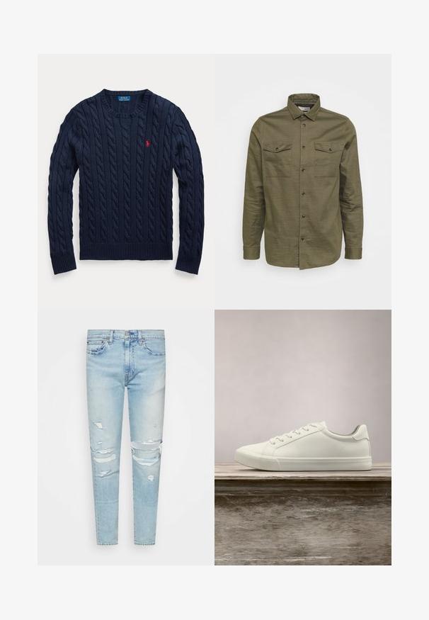 Laivastonsininen palmikkoneuleinen pyöreäkauluksinen neulepaita, jossa pitkät hihat ja vasemmassa rinnassa pieni punainen Polo Ralph Lauren -logo kirjailtuna.; Olivi vihreä pitkähihainen paita, joka on valmistettu teksturoidusta kankaasta. Siinä on kaksi rintataskua, nappikiinnitys ja perinteinen kauluksen muotoilu.; Vaaleansiniset farkut slim-mallilla, joissa on kulutettuja yksityiskohtia ja repeämiä polvissa, perinteinen viiden taskun muotoilu ja nappikiinnitys.; Valkoiset nauhalla kiinnitettävät lenkkarit leijuvat puupenkillä, taustalla vihreää kasvillisuutta, tuoden esiin kengän muotoilua ja pintarakennetta.