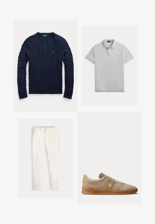 Marineblauer Pullover mit Zopfmuster, Rundhalsausschnitt, langen Ärmeln und kleinem roten Polo Ralph Lauren Logo auf der linken Brust.; Hellgraues Poloshirt mit kurzen Ärmeln, Zweiknopfleiste und kleinem weißen gesticktem Logo auf der linken Brust.; Herren Slim-Fit-Hose in Off-White mit Fronttaschen, Gürtelschlaufen und Knopfverschluss vor einfarbigem Hintergrund.; Beiger Wildleder- und Leder-Low-Top-Sneaker mit Gummisohle, weißen Schnürsenkeln und Polo-Logo an der Seite und an der Sohle.