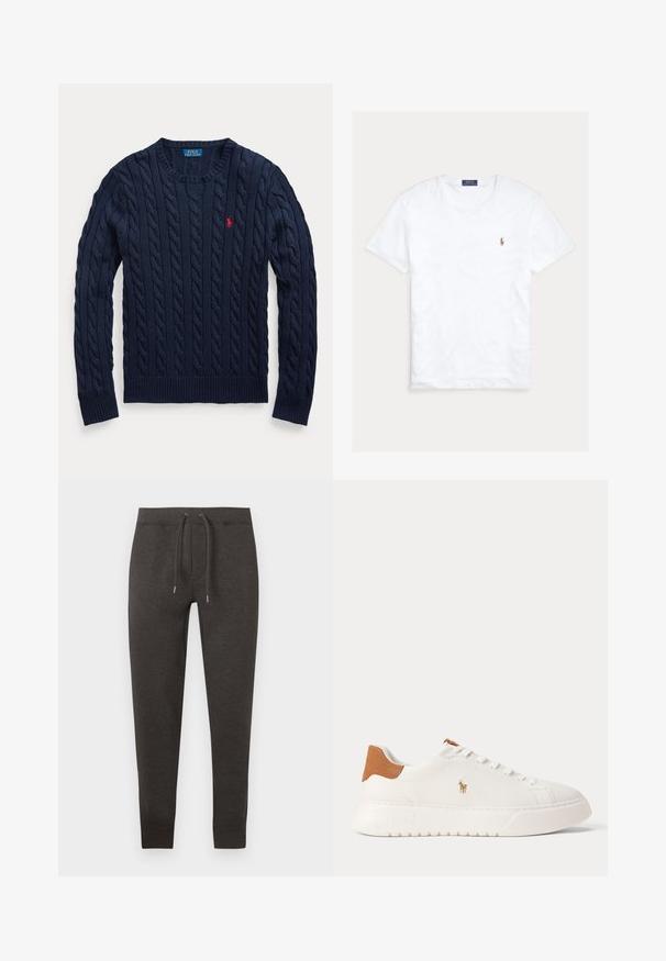 Marineblå kabelstrikket rundhalset sweater med lange ærmer og lille rød broderet Polo Ralph Lauren logo på venstre bryst.; Hvid T-shirt med rund hals og korte ærmer med lille broderet Polo Ralph Lauren-logo på venstre bryst og blå mærkeetiket indvendigt i kraven.; Mørkegrå joggingbukser lavet af blødt materiale, med elastisk talje med snor, tilspidsede ben og manchetter ved anklerne.; Hvid lavtop sneaker med tan hælfane, hvide snørebånd og lille broderet polo-spiller logo på siden over en tyk sål.