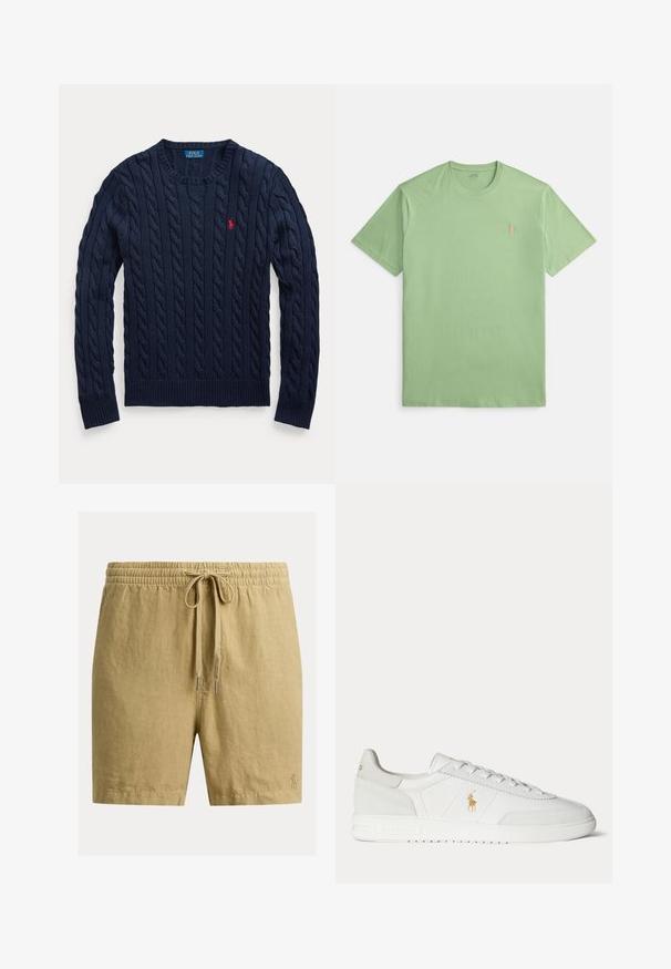 Marineblauer Pullover mit Zopfmuster, Rundhalsausschnitt, langen Ärmeln und kleinem roten Polo Ralph Lauren Logo auf der linken Brust.; Grünes kurzärmliges T-Shirt aus Baumwolle, mit Rundhalsausschnitt und kleinem, aufgesticktem Logo auf der Brust.; Herren leichte braune Freizeithosen mit elastischem Bund, Kordelzug und dezent besticktem Logo am unteren linken Bein.; Weißer Sneaker in niedriger Ausführung mit Schnürdesign, goldenem Polo Ralph Lauren Logo an der Seite und strukturierter Sohle auf einfarbigem Hintergrund.