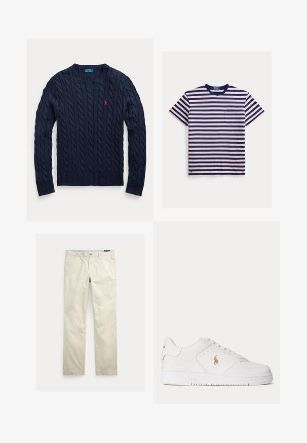Marineblauwe kabelgebreide trui met ronde hals, lange mouwen en een klein rood geborduurd Polo Ralph Lauren-logo op de linkerborst.; Gestreept T-shirt met roze en marineblauwe horizontale strepen, ronde hals, korte mouwen en een klein borstzakje. De stof is glad katoen.; Beige katoenen broek met rechte pijpen, riemlussen, voorste knoop, ritssluiting en zijzakken.; Witte lage leren sneaker met witte veters en een gouden Polo Ralph Lauren-logo aan de zijkant en "Polo" in de zool gegraveerd.