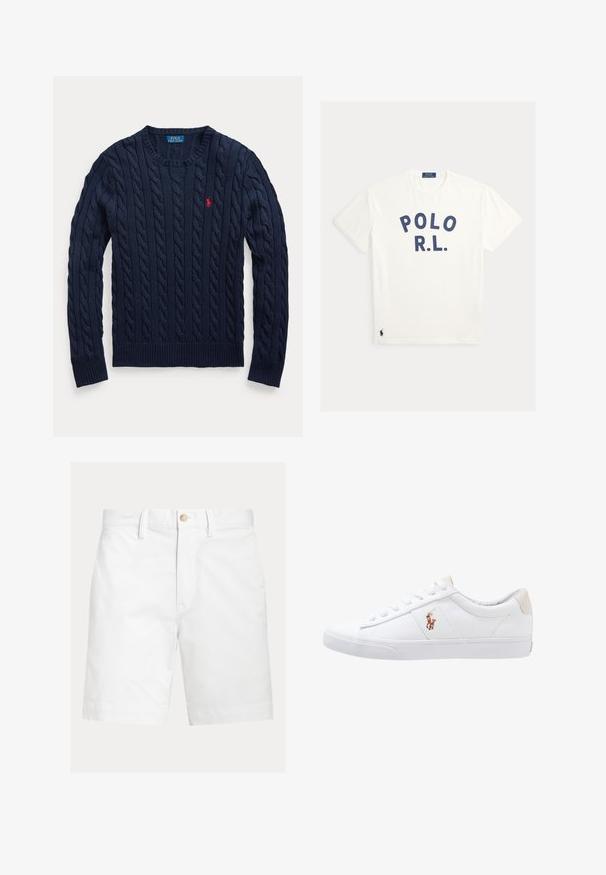 Námornícka modrá sveter s vrkočovým vzorom, okrúhly výstrih, dlhé rukávy a malé červené vyšívané logo Polo Ralph Lauren na ľavej strane hrudníka.; Biele tričko s okrúhlym výstrihom s tmavomodrými písmenami „POLO R.L.“ na hrudi a malým tmavomodrým logom hráča póla blízko spodného lemu.; Biele šortky po kolená s pútkami na opasok a hnedým gombíkom na zapínanie v páse, zobrazené na jednoduchom pozadí.; Biele plátenné tenisky s nízkym strihom, ktoré majú béžový opasok na päte a malé vyšívané logo na boku. Gumová podrážka.