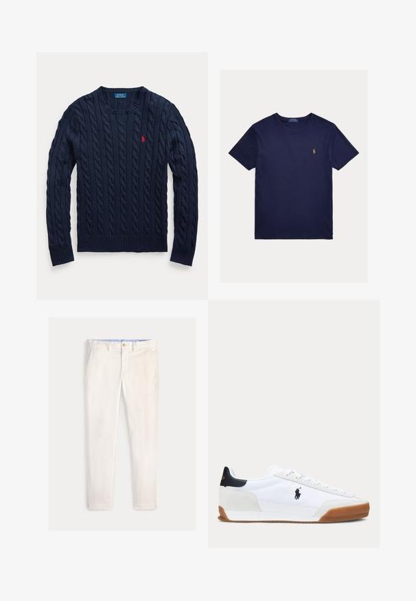 Marineblauer Pullover mit Zopfmuster, Rundhalsausschnitt, langen Ärmeln und kleinem roten Polo Ralph Lauren Logo auf der linken Brust.; Marineblaues T-Shirt mit kurzen Ärmeln und Rundhalsausschnitt mit kleinem gelbem Polo Ralph Lauren-Logo auf der linken Brust gestickt.; Herren Slim-Fit-Hose in Off-White mit Fronttaschen, Gürtelschlaufen und Knopfverschluss vor einfarbigem Hintergrund.; Weißer Sneaker mit niedrigem Schaft, brauner Sohle, schwarzem Fersenpatch und schwarzem Polo-Spieler-Logo an der Seite.