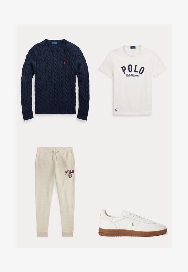 Marineblauwe kabelgebreide trui met ronde hals, lange mouwen en een klein rood geborduurd Polo Ralph Lauren-logo op de linkerborst.; Wit T-shirt met korte mouwen met marineblauwe "POLO Ralph Lauren" tekst op de borst en een klein marineblauw polo-speler logo nabij de zoom.; Beige joggingbroek met trekkoord, zijzakken en rood "POLO"-logo en embleem op de bovenste linker dij.; Witte lage sneaker met bruine zool, veters aan de voorkant en klein gouden Polo Ralph Lauren-logo aan de zijkant.