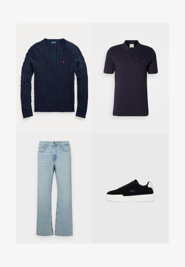 Laivastonsininen palmikkoneuleinen pyöreäkauluksinen neulepaita, jossa pitkät hihat ja vasemmassa rinnassa pieni punainen Polo Ralph Lauren -logo kirjailtuna.; Polo shirt biru navy yang terbuat dari katun, dengan kerah klasik, placket dua kancing, lengan pendek, dan logo kecil di dada.; Vaaleansiniset farkut, joissa on levenevä lahje ja keskikorkea vyötärö, viisi taskua ja kontrastiväriset saumat. Vaatteessa on vetoketjuluukku ja metallinappikiinnitys.; Musta matala sneaker valkoisella pohjalla ja kantapäällä, naruilla suljettavissa edessä, ja Calvin Klein -logo sivulla.