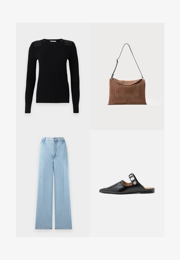 Pull en tricot côtelé noir à manches longues, avec des panneaux d'épaule texturés et un col rond. Fini lisse et silouhette ajustée.; Jeans larges bleu clair en denim avec une taille haute, comprenant cinq passants de ceinture, une fermeture à bouton à l'avant et des coutures cousues.; Mule en cuir noir pointue avec un petit talon et des boutons floraux argentés décoratifs sur une bride supérieure.; Sac à main en daim brun avec une texture lisse et un dessus arrondi. Il dispose d'une bandoulière en cuir noir et d'une poche avant rectangulaire. Accents en métal doré.