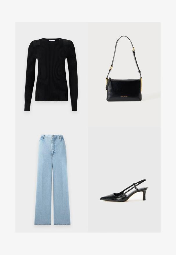 Suéter negro de punto acanalado con mangas largas, que presenta paneles de hombros texturizados y un escote redondo. Acabado suave y silueta ajustada.; Jeans de mezclilla de corte ancho en azul claro con una cintura alta, con cinco pasadores para cinturón, cierre frontal con botón y costuras cosidas.; Tacón slingback negro de charol con punta afilada, que presenta un estampado de serpiente texturizado, correa ajustable y un tacón bloque corto y texturizado.; Bolso de hombro negro de piel con correa ajustable y herrajes dorados, con pequeño logo dorado "Marc Jacobs" en el centro delantero.