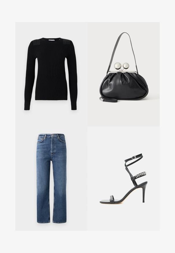 Pull en tricot côtelé noir à manches longues, avec des panneaux d'épaule texturés et un col rond. Fini lisse et silouhette ajustée.; Jeans taille haute en denim bleu, avec une coupe droite, cinq poches et des détails en métal cuivré. Texture lisse et design classique.; Sandale noire à talon haut avec fine bride à la cheville, bride médiane décorée de maillons de chaîne argentés, et design à bout ouvert.; Sac à main en cuir noir avec un design plissé, une sangle unique, un cadre métallique argenté et deux grandes fermoirs ronds en argent.