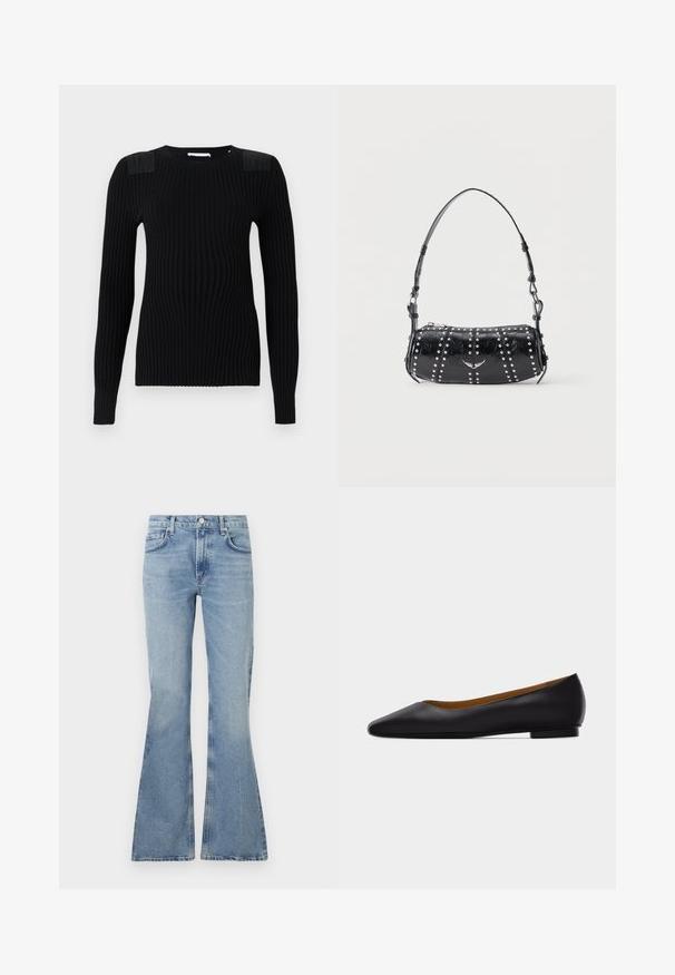 Sort ribbet striktrøje med lange ærmer, der har strukturerede skulderpaneler og en rund halsudskæring. Glat finish og tætsiddende silhuet.; Lys blå, flagrende jeans lavet af denim, med høj talje, fem-lomme-design og subtil falming i hele stoffet.; Sort læder flad sko med spids tå, lav hæl og glat finish, vist fra siden på en lysegrå baggrund.; Sort skuldertaske i laklæder med sølvnitter i lodrette rækker og et lille sølvfugleemblem midt på fronten.