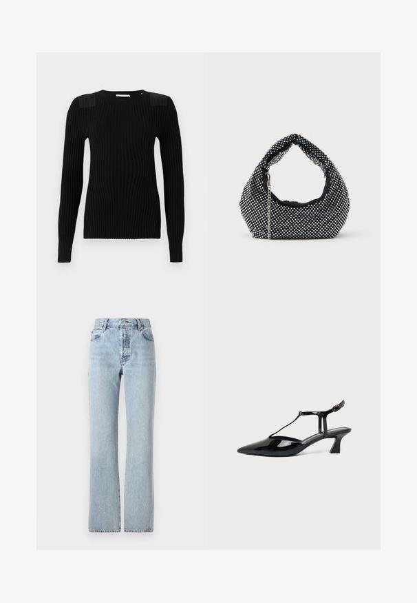 Pull en tricot côtelé noir à manches longues, avec des panneaux d'épaule texturés et un col rond. Fini lisse et silouhette ajustée.; Jean en denim bleu clair avec taille haute, jambes droites, design classique à cinq poches et décoloration subtile sur l'ensemble.; Chaussure slingback femme en cuir verni noir à talon bas, bout pointu et fine bride avec petite boucle.; Sac à main en maille noire orné de clous en argent, avec une poignée incurvée et une bandoulière en chaîne. Texture douce avec une forme arrondie.