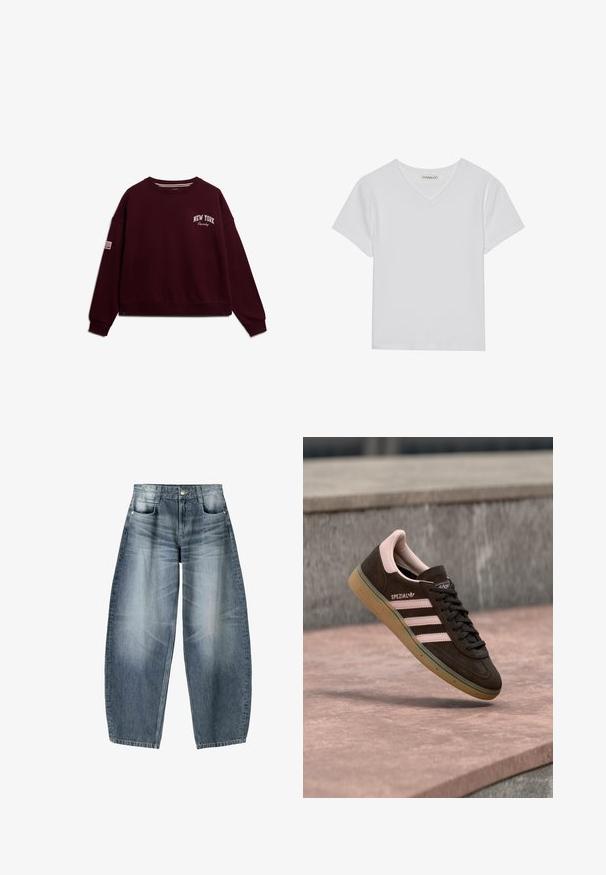 Bordeaux sweatshirts med rund halsudskæring, sænkede skuldre og ribbede manchetter. Har "NEW YORK" og "Squady" broderet i hvidt.; Hvid kortærmet V-hals t-shirt lavet af ribbet stof. Har et rent design med en lige kant og minimal detaljer.; Bredde jeans lavet af lyseblå denim med falmning, der har et fem-lomme design, knaplukning og minimale syninger.; Mørkebrun ruskindsneaker med pink detaljer, der har tre pink striber, en tekstureret sål og en logo på siden. Klassisk lavprofil-design.