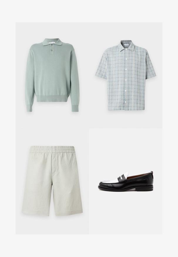 Suéter de punto verde claro con cuello tipo polo, dos botones, puños y dobladillo acanalados. Textura suave y ajuste relajado.; Camisa de manga corta con estampado a cuadros en azul y blanco, cuello abierto y botones blancos en la parte delantera.; Pantalones cortos gris claro hechos de tela texturizada, con cintura elástica y bolsillos en las costuras laterales; diseño de corte recto.; Mocasín de cuero blanco y negro con detalles cosidos, tacón bajo y diseño tipo slip-on, mostrado de lado sobre un fondo liso.