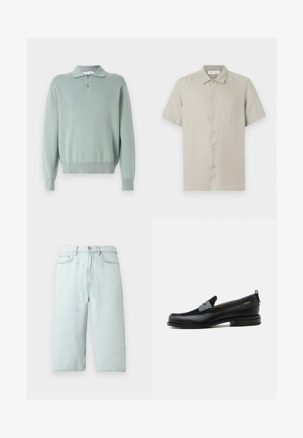 Suéter de punto verde claro con cuello tipo polo, dos botones, puños y dobladillo acanalados. Textura suave y ajuste relajado.; Camisa beige de manga corta con botones y cuello, hecha de tela ligera, vista frontal sobre fondo blanco.; Pantalones cortos de mezclilla azul claro con diseño de pierna recta, cintura de talle medio, bolsillos frontales y un único bolsillo trasero, terminados con costuras sutiles.; Mocasín de cuero negro con detalle de tira gris, tacón bajo y suela texturizada, con la marca "HUGO" en oro en el lateral.