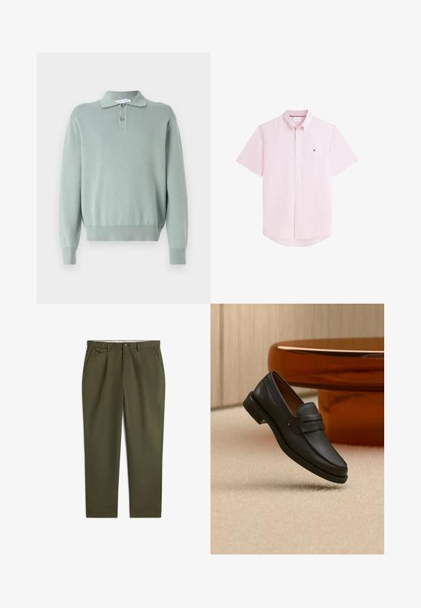 Lysegrøn strikket pullover med polo-krave, to knapper, ribbede manchetter og kant. Blød tekstur og afslappet pasform.; Kortærmet pink og hvid stribet skjorte med knapper og knap ned krave samt et lille logo på venstre bryst.; Olivengrønne bukser med lige ben, bæltestropper, knaplukning i taljen, forlommer og en lille knaplukket lomme på højre side.; Sort læder herreloafer med bånd tværs over toppen, vist på beige tæppe nær et brunt moderne rundt bord.
