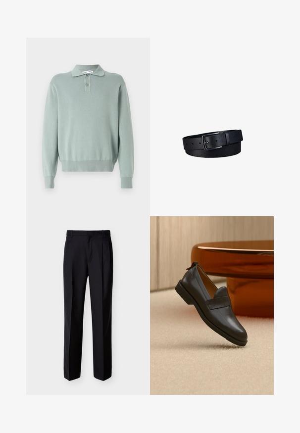 Lysegrøn strikket pullover med polo-krave, to knapper, ribbede manchetter og kant. Blød tekstur og afslappet pasform.; Sorte skræddersyede bukser med lige snit, foldet forstykke og sidelommer. Fremstillet af et glat, let stof med et ensartet mønster.; Sort læderloafer med lav hæl svævende over beige tæppe ved siden af et blankt ravfarvet bord i et minimalistisk rum.; Sort læderbælte med en tekstureret overflade og et rektangulært sort metalspænde, rullet sammen mod en hvid baggrund.