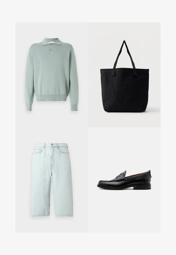 Hellgrüner, gestrickter Pullover mit Polo-Kragen, zwei Knöpfen, gerippten Bündchen und Saum. Weiche Textur und lockere Passform.; Hellblaue Jeansshorts mit geradem Bein, mittlerer Bundhöhe, vorderen Taschen und einer einzelnen Gesäßtasche, veredelt mit dezenter Naht.; Schwarzer Leder-Herrenschuh mit Mokassinnaht, Penny-Riemen, strukturiertem Kragen und niedrigem gestapeltem Absatz auf weißem Hintergrund.; Schwarze Canvas-Shopper-Tasche mit zwei Schulterriemen und einem dezenten, eingeprägten kreisförmigen Design auf der Vorderseite.