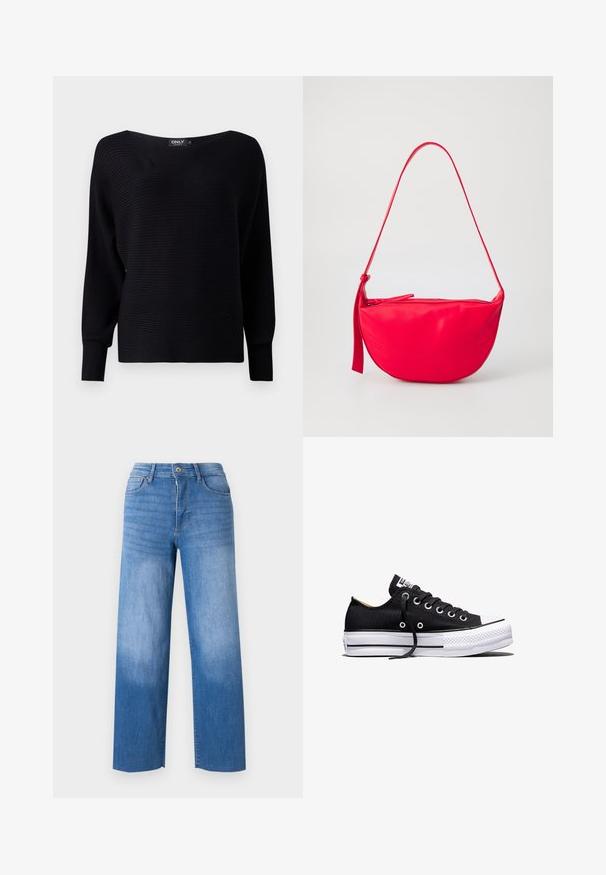 Suéter negro de punto acanalado con un cuello amplio, mangas largas y un corte holgado, que presenta una tela texturizada y un diseño minimalista.; Jeans de denim azul claro con corte de pierna ancha, que cuentan con cinco bolsillos, cremallera y un ligero desgaste en los muslos. Bordes con acabado limpio.; Zapatilla deportiva negra de lona de corte bajo con suela plataforma de goma blanca, cordones negros y ojales de metal sobre fondo blanco.; Bolso de hombro de cuero rojo con forma curva, cierre con cremallera y una correa delgada y ajustable. Textura suave con detalles de costura.