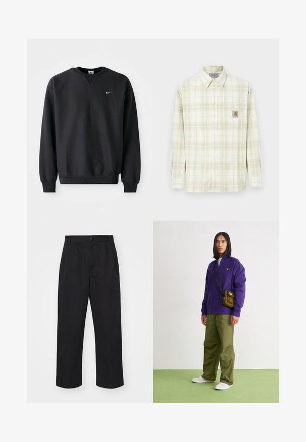 Sudadera negra de Nike con cuello redondo y mangas largas, con el icónico logo de swoosh en blanco en el pecho.; Camisa de cuadros de tonos claros con mangas largas, cierre de botones en la parte delantera y un bolsillo en el pecho con un parche de logo. Material de algodón con una textura suave.; Pantalones de algodón negros con corte recto, con cierre de botón, dos bolsillos delanteros y una textura suave.; Jordan AIR JORDAN 1 ZM CMFT 2 - Zapatillas altas - summit white/bicoastal/oxidized green