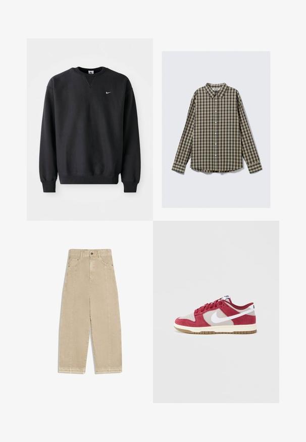 Čierna mikina Nike so zaobleným výstrihom a dlhými rukávmi, s ikonickým bielym swoosh logom na hrudi.; Košeľa s dlhým rukávom a gombíkmi, s kockovaným vzorom v tmavomodrej, béžovej a čiernej farbe, so širokým golierom a zaobleným lemom.; Vysoký pás, béžové široké rifle s prednými vreckami, zapínaním na gombíky a ošúchanými lemami.; Tenisky Nike Dunk s vrchnou časťou z bordovej semišovej kože a béžovej kože, bielym logom Swoosh, červenými šnúrkami a gumovou béžovou podrážkou.