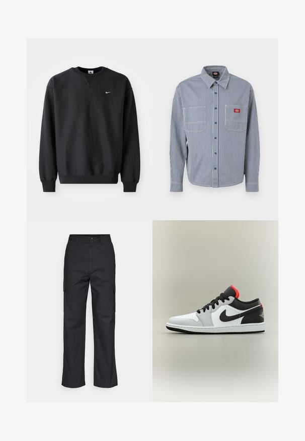 Sort Nike sweatshirt med rund halsudskæring og lange ærmer, med det ikoniske swoosh-logo i hvidt på brystet.; Langærmet skjorte med knapper, blå og hvide lodrette striber, to brystlommer og en rød logo på venstre lomme.; Sorte cargo bukser med lige ben i designet, der har sidelommer og et tekstureret stof. Knaplukning i taljen for en sikker pasform.; Lavskaftet atletiksneaker i hvid, grå og sort med røde accenter, sorte snørebånd og en sort swoosh-logo på siden.